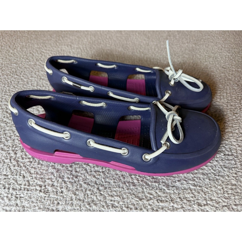 CROCS Beach Line Boat Women Size 6 W Pink Navy Loafer Water Shoes Nautical